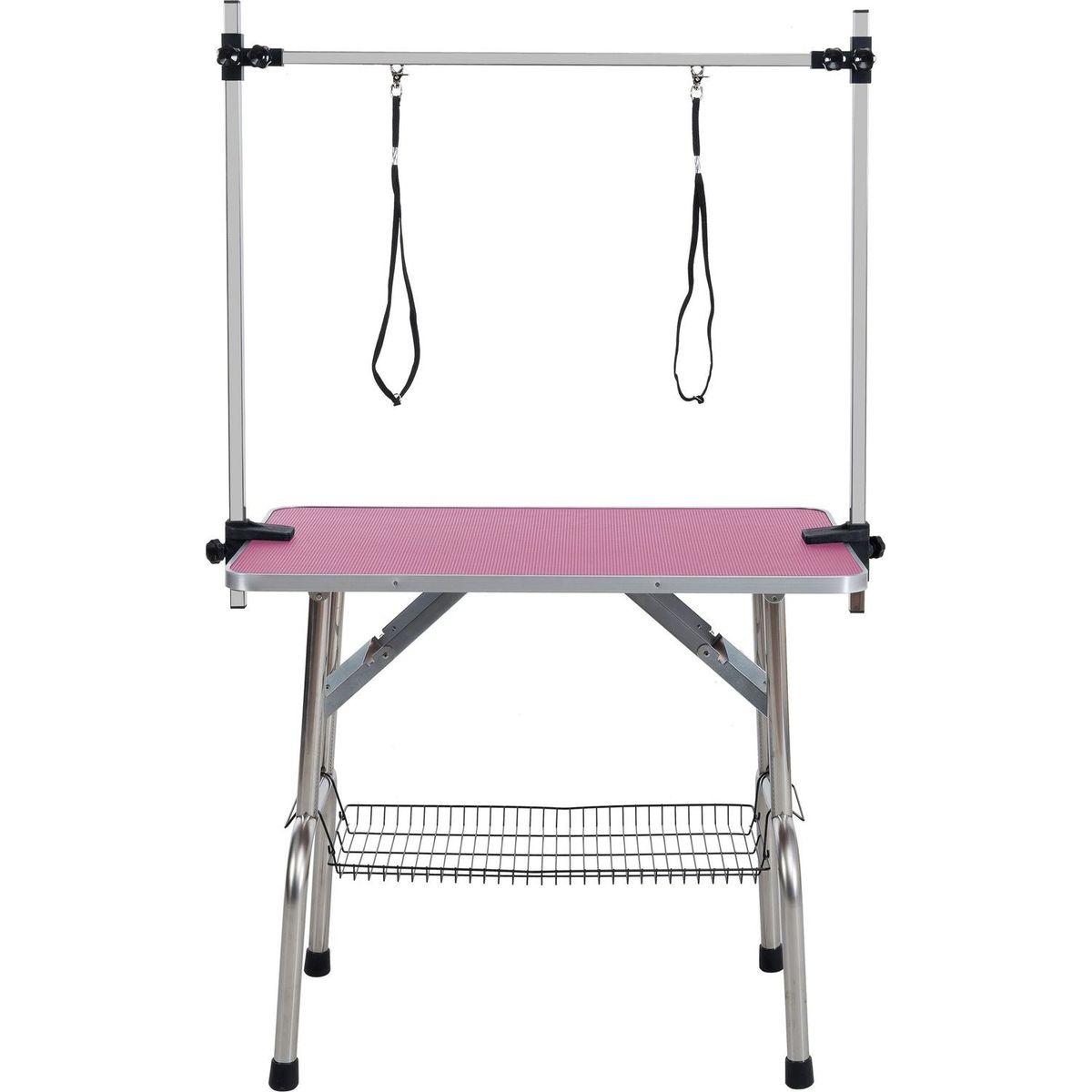 42" Folding Dog Pet Grooming Table Stainless Steel Frame Rubber Mat on Board with Adjustable Arm and Clamps pet dog Cat Grooming Table (PINK COLOR)