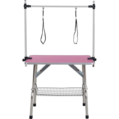 42" Folding Dog Pet Grooming Table Stainless Steel Frame Rubber Mat on Board with Adjustable Arm and Clamps pet dog Cat Grooming Table (PINK COLOR)