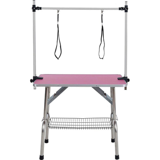 42" Folding Dog Pet Grooming Table Stainless Steel Frame Rubber Mat on Board with Adjustable Arm and Clamps pet dog Cat Grooming Table (PINK COLOR)