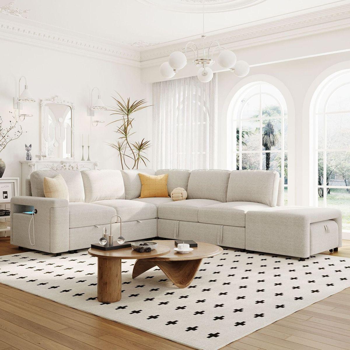 L-shaped Padded Modular Sofa with Storage Space, USB Ports, and Cup Holders on the Armrests, Suitable for Living Rooms, Offices, and Apartments.