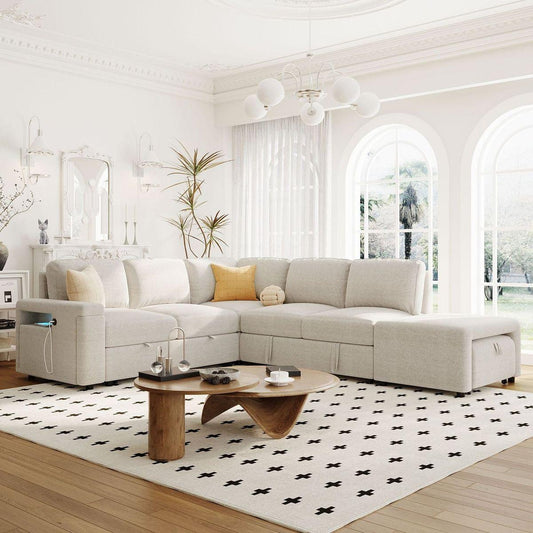 L-shaped Padded Modular Sofa with Storage Space, USB Ports, and Cup Holders on the Armrests, Suitable for Living Rooms, Offices, and Apartments.