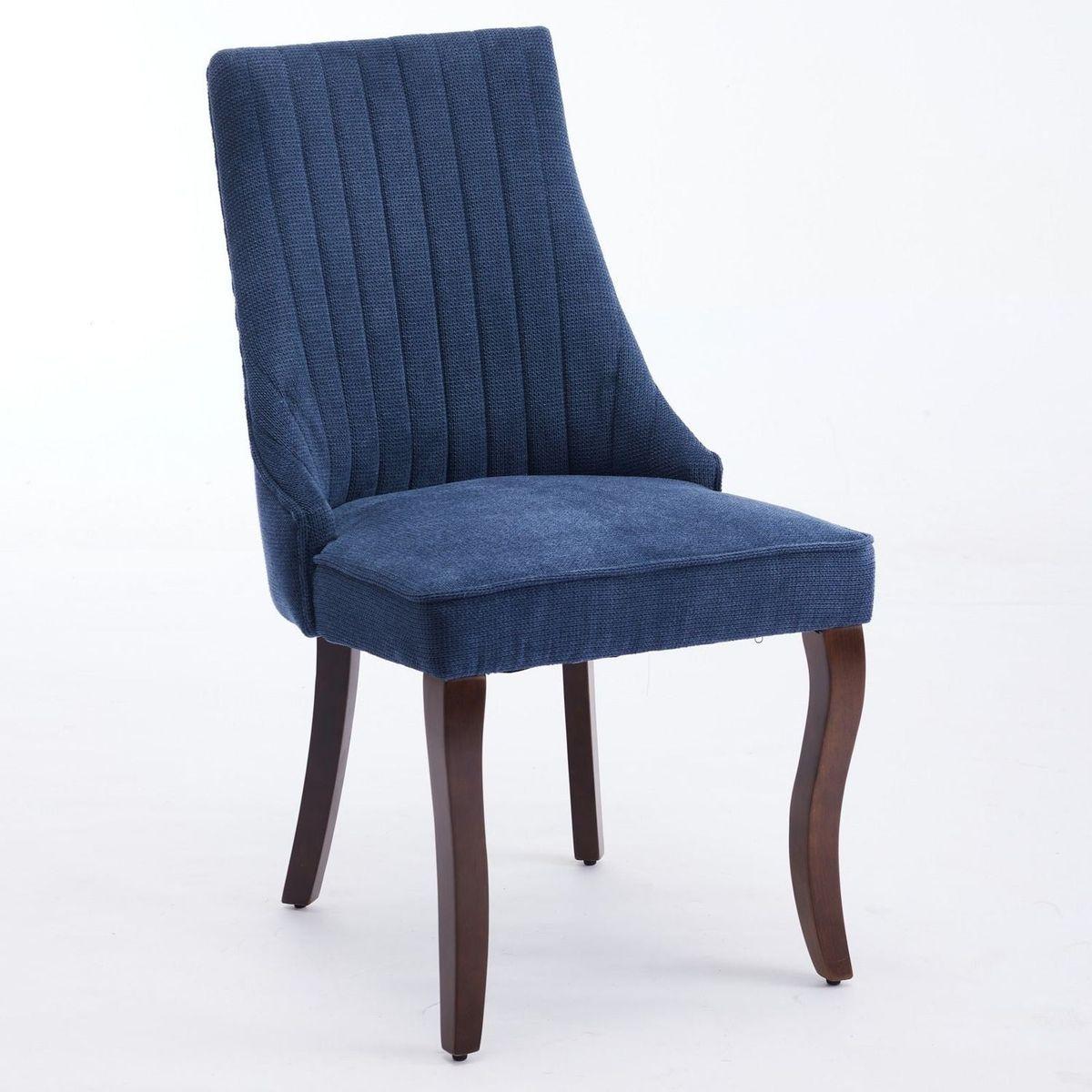 Rayon Cloth Flocking Linen Dining Chairs Channel Kitchen Dinner Chair Comfy Fabric Upholstered Accent Chair for Dining Room with Curved Solid Wood Legs,Set of 2 (Blue) - Streamdale Furniture