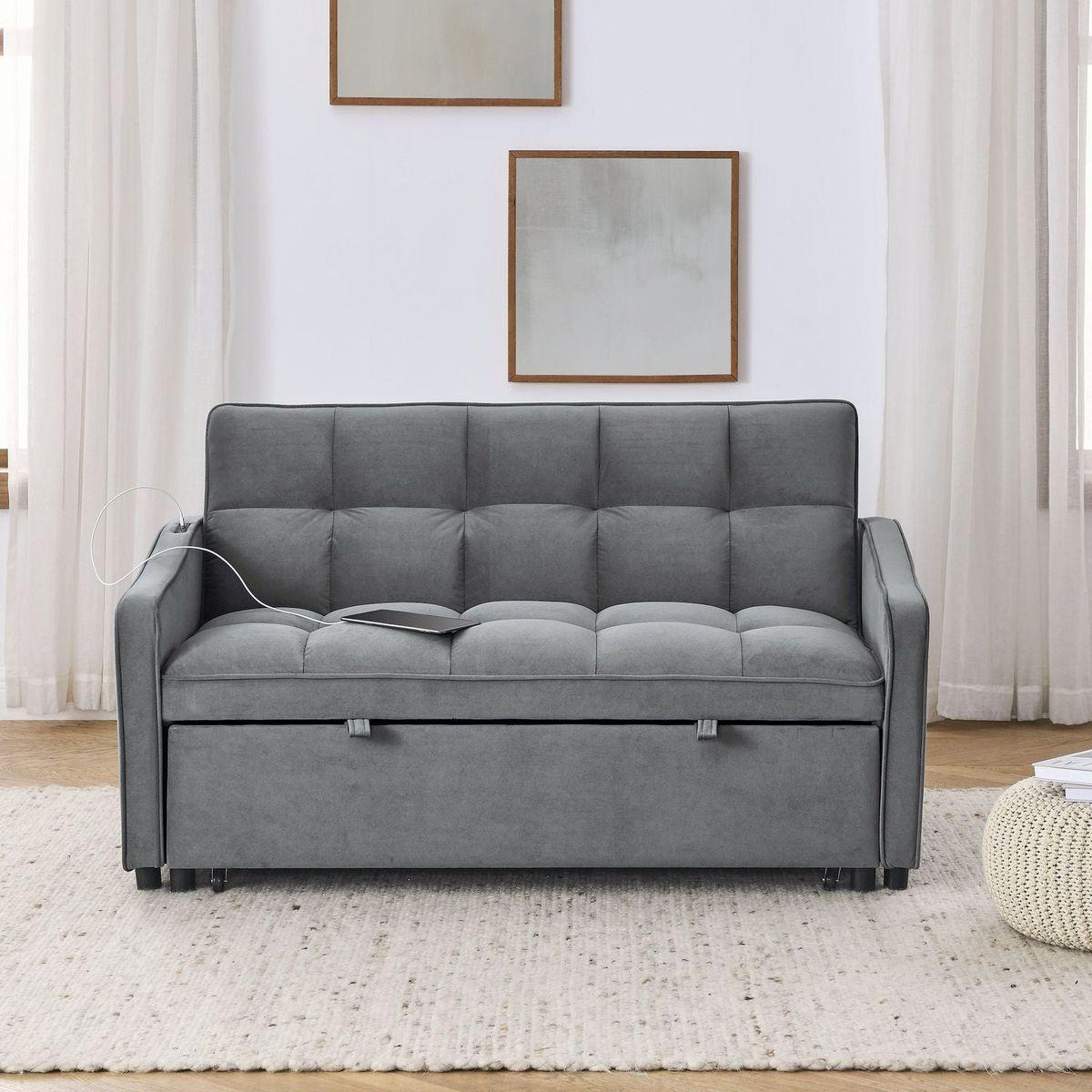 Loveseats Sofa Bed with Pull-out Bed,Adjustable Back and Two Arm Pocket,TypeC and USB Charging with Copper nail,Grey (47"x53"x31")