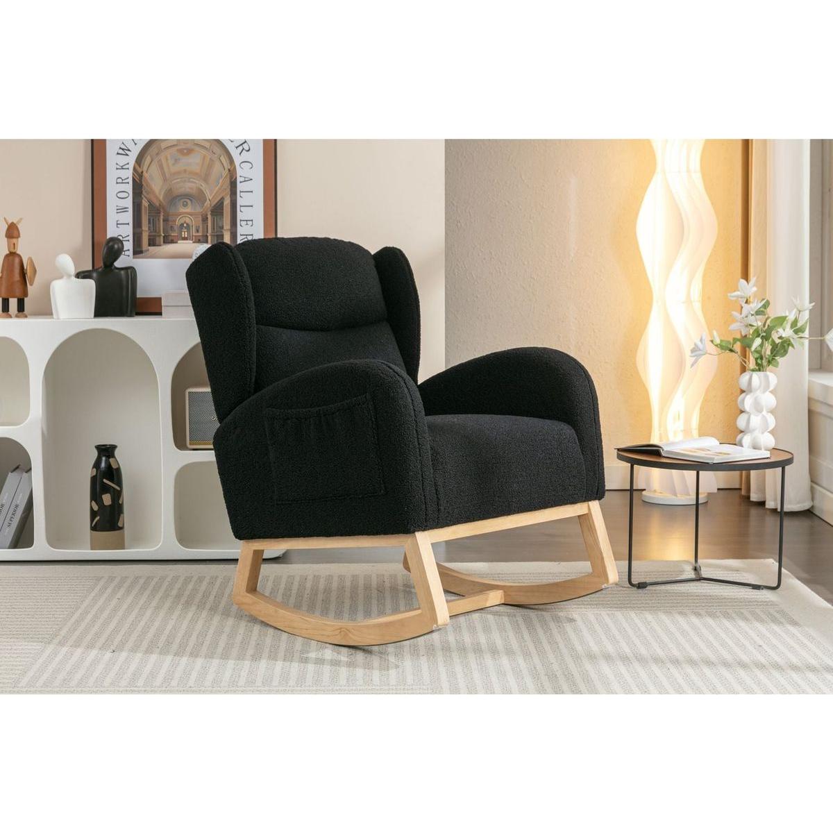 Teddy Fabric Rocking Chair With Packet Wood Legs,Black