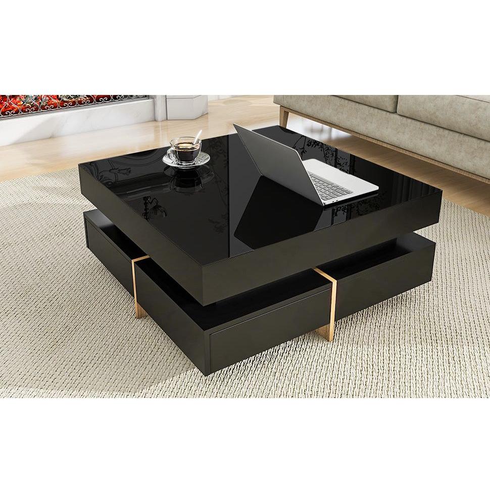 Modern High Gloss Coffee Table with 4 Drawers, Multi-Storage Square Cocktail Tea Table with Wood Grain Legs, Center Table for Living Room, 31.5"x31.5", Black