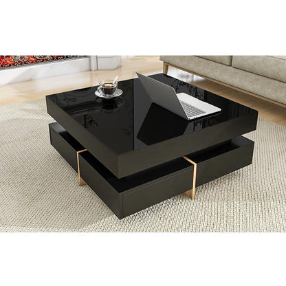 Modern High Gloss Coffee Table with 4 Drawers, Multi-Storage Square Cocktail Tea Table with Wood Grain Legs, Center Table for Living Room, 31.5"x31.5", Black