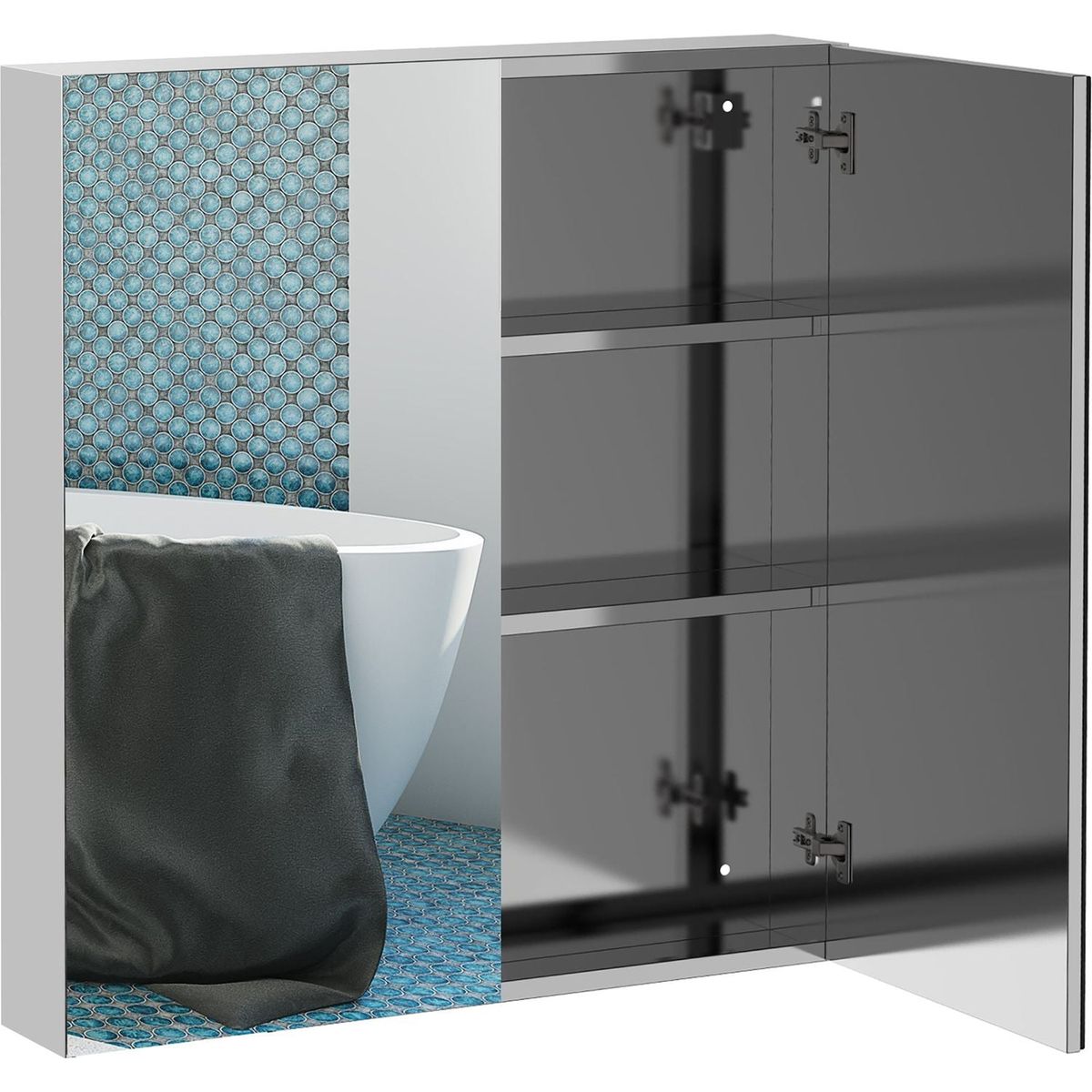 kleankin Bathroom Mirrored Cabinet, 24"x26" Stainless Steel Frame Medicine Cabinet, Wall-Mounted Storage Organizer with Double Doors, Silver