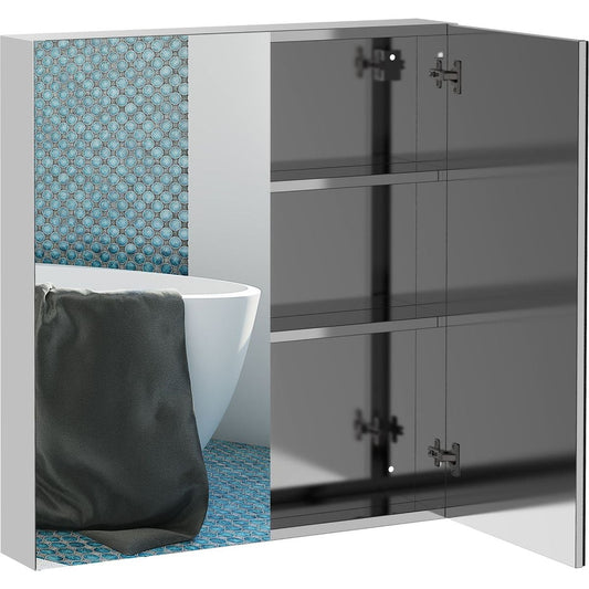 kleankin Bathroom Mirrored Cabinet, 24"x26" Stainless Steel Frame Medicine Cabinet, Wall-Mounted Storage Organizer with Double Doors, Silver