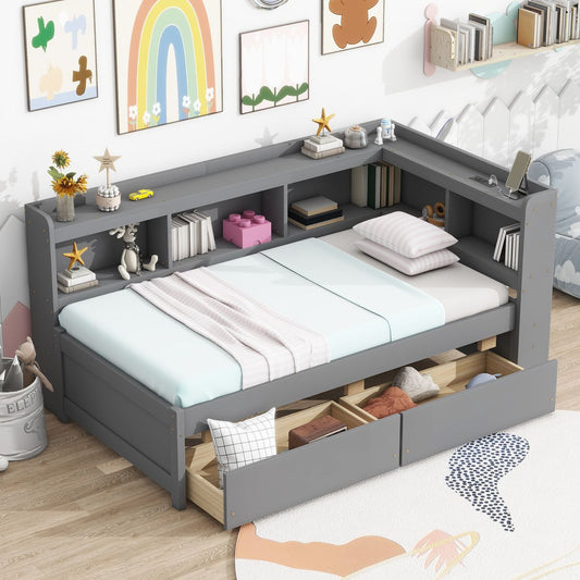 Twin Size L-shaped Bookcases Bed with Power Outlets, USB Charging Ports,Two Drawers,Grey