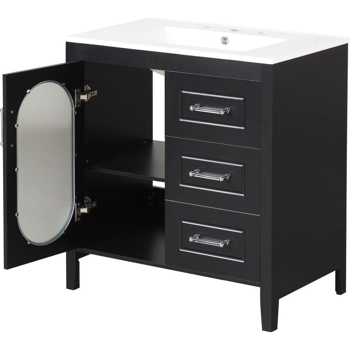 30" Bathroom Vanity with Sink, Bathroom Vanity Cabinet with Two Drawers and Door, Adjustable Shelf, Solid Wood and MDF, Black