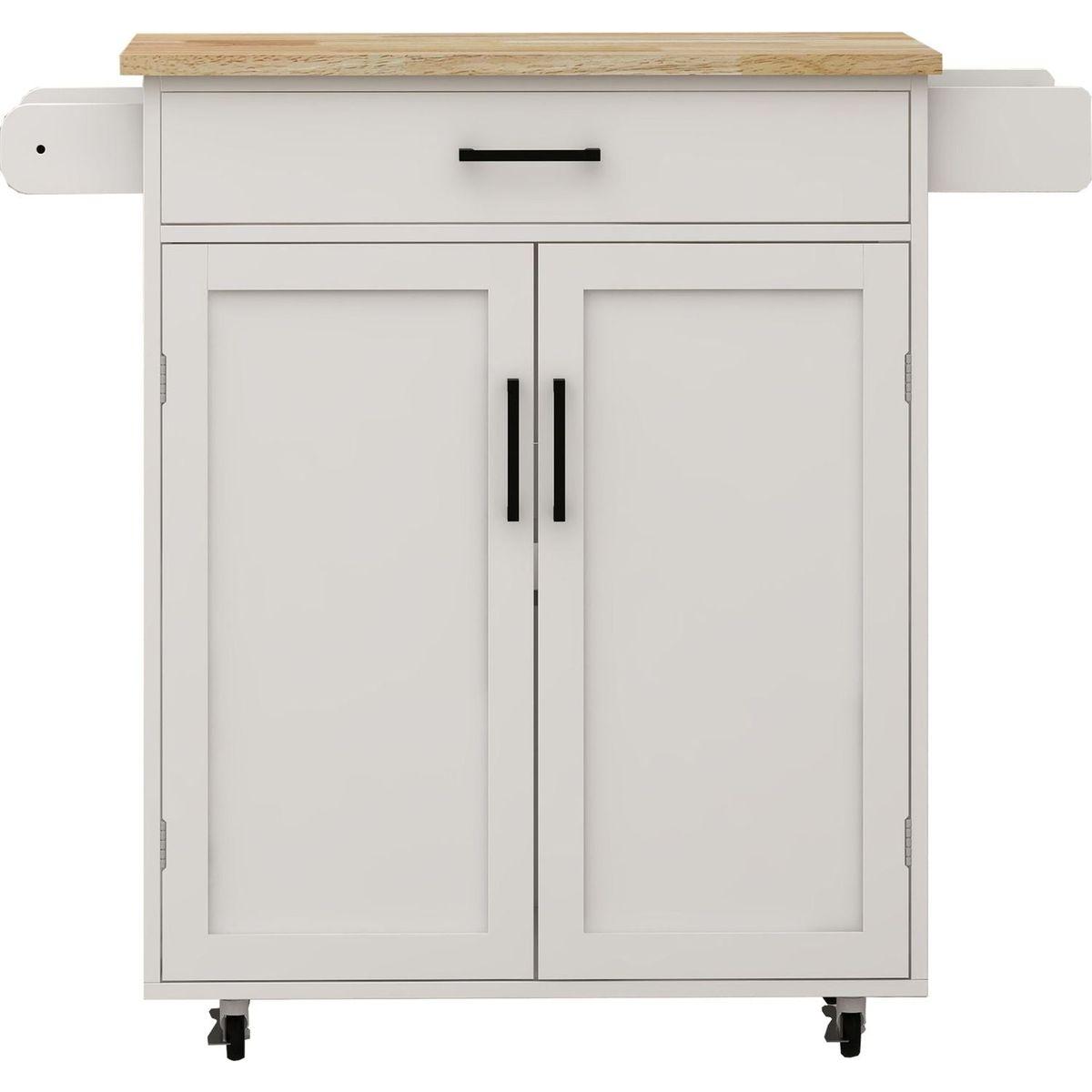 Kitchen island rolling trolley cart with 1 drawer & 2 doors with storage racks & Adjustable Shelves & towel rack & seasoning rack rubber wood table top-White - Streamdale Furniture