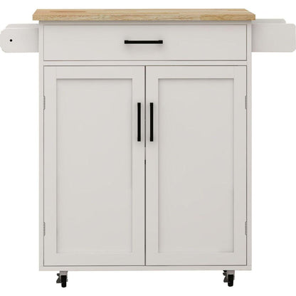 Kitchen island rolling trolley cart with 1 drawer & 2 doors with storage racks & Adjustable Shelves & towel rack & seasoning rack rubber wood table top-White - Streamdale Furniture