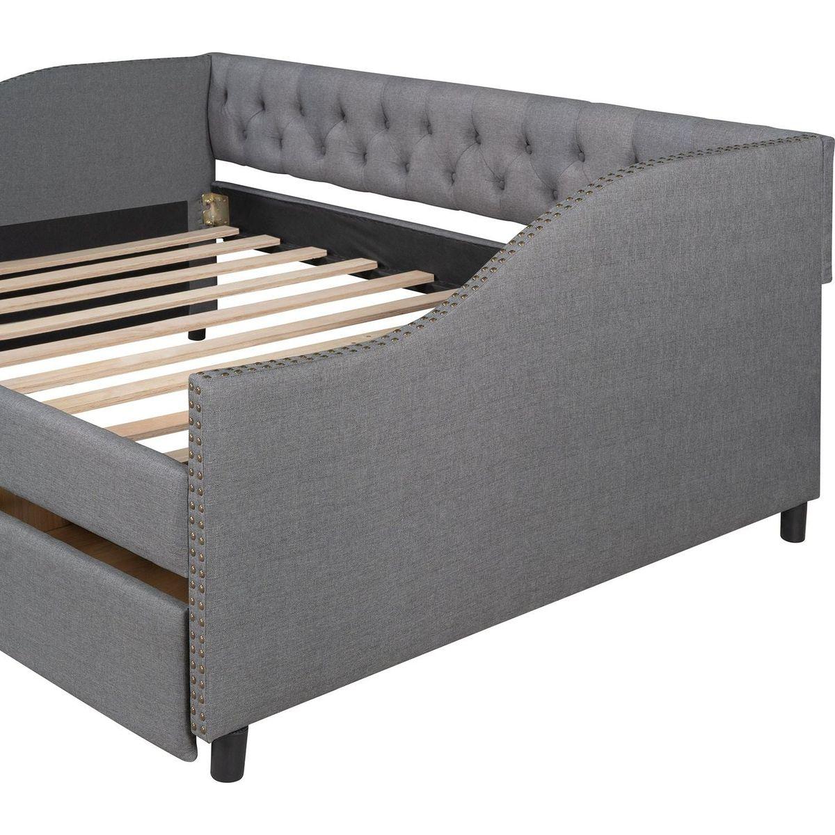 Upholstered daybed with Two Drawers, Wood Slat Support, Gray, Full Size