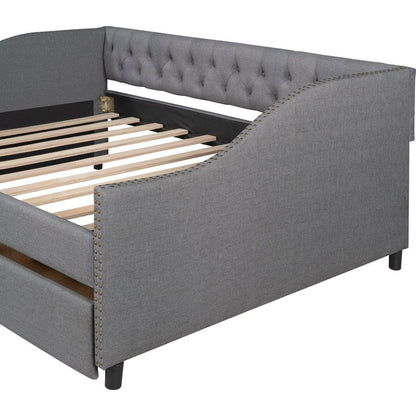 Upholstered daybed with Two Drawers, Wood Slat Support, Gray, Full Size