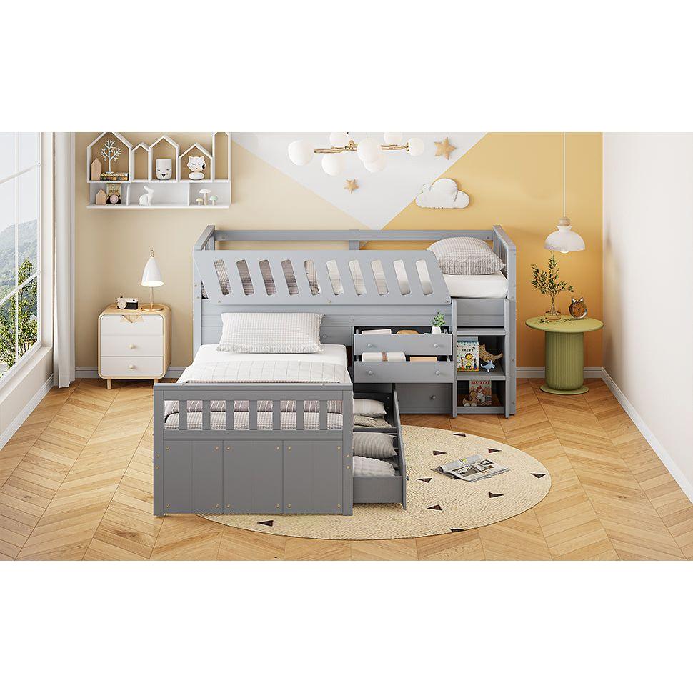 L-shaped Space-Saving Twin Loft and Twin Platform Bed with 7 Drawers and Full Guardrails(GRAY)