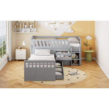 L-shaped Space-Saving Twin Loft and Twin Platform Bed with 7 Drawers and Full Guardrails(GRAY)