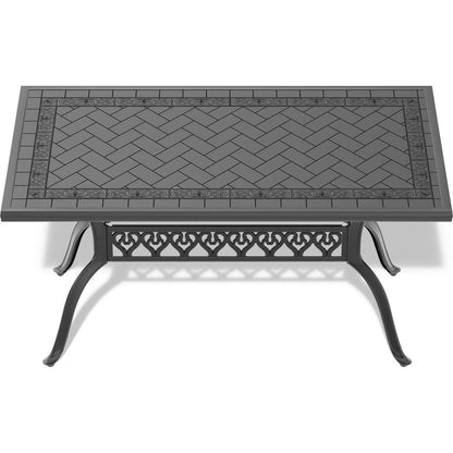 L59.05xW35.43-inch Cast Aluminum Patio Dining Table With Black Frame and Carved Texture on the Tabletop