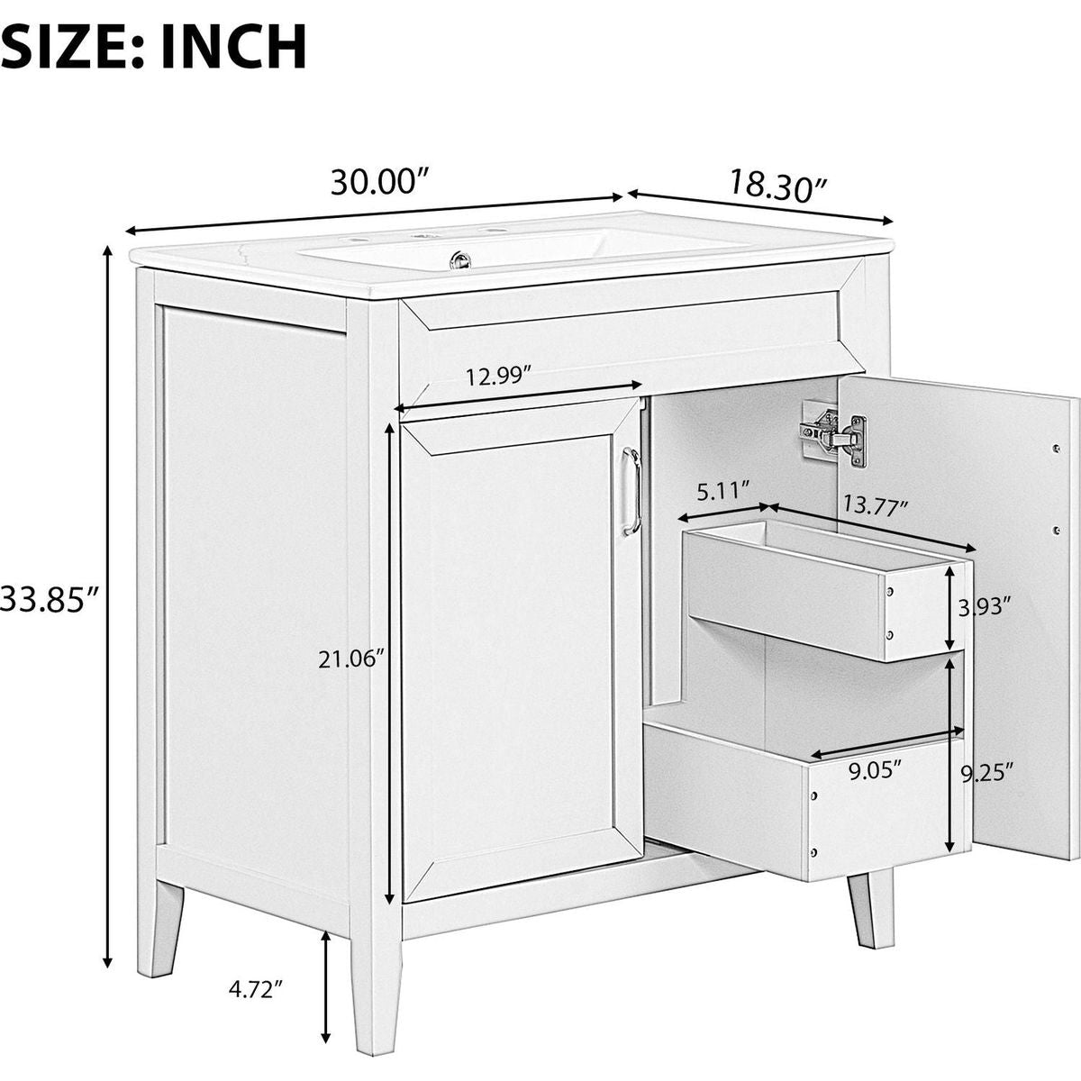 30" Bathroom Vanity with Sink, Multi-functional Bathroom Cabinet with Doors and Drawers, Solid Frame and MDF Board, Green