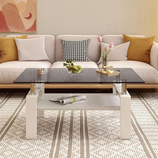 Rectangle Coffee Table, Tempered Glass Tabletop with MDF Layer, Modern Table for Living Room, Gray Glass