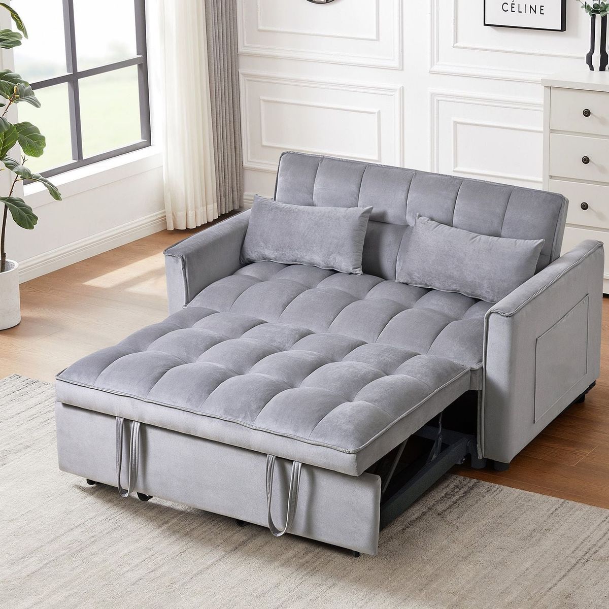 3 in 1 Convertible Sleeper Sofa Bed, Modern Pull Out Couch Bed, Adjustable Backrest, Velvet Loveseat Futon Sofa with Pillows & Pockets for Living Room Apartment, Grey