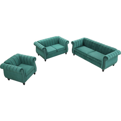 Modern three-piece sofa set with solid wood legs, buttoned tufted backrest, frosted velvet upholstered sofa set including three-seater sofa, double seater and living room furniture set Single chair