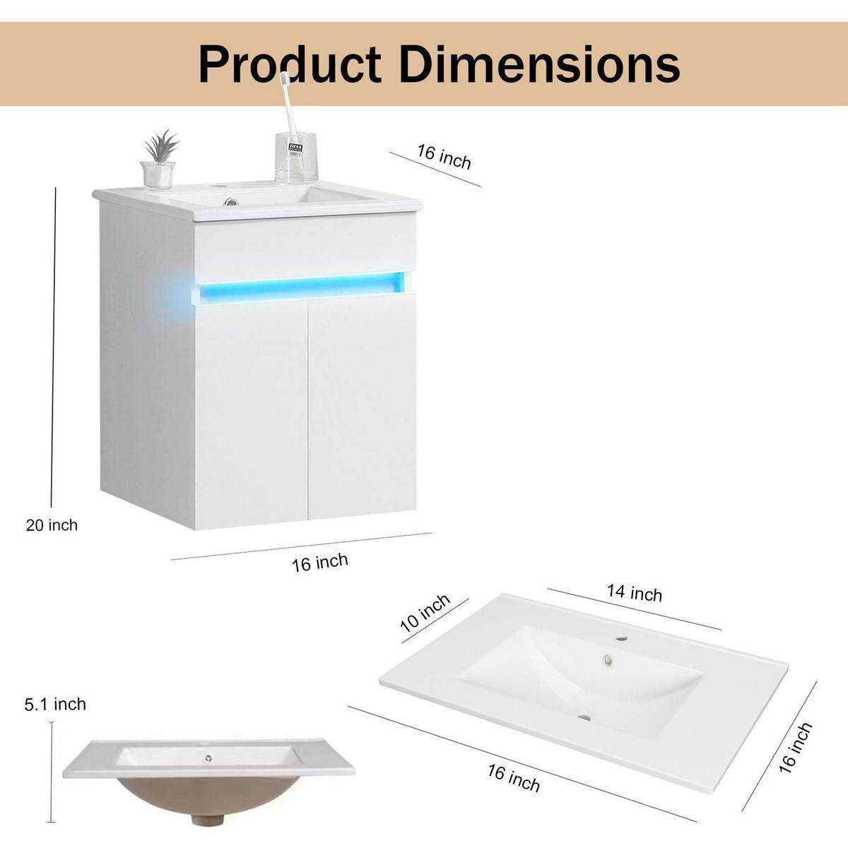 16" Bathroom Vanity with Sink,radar sensing light,Large Space Storage for Small Space,Wall Mounted Bathroom Vanity Cabinet,White