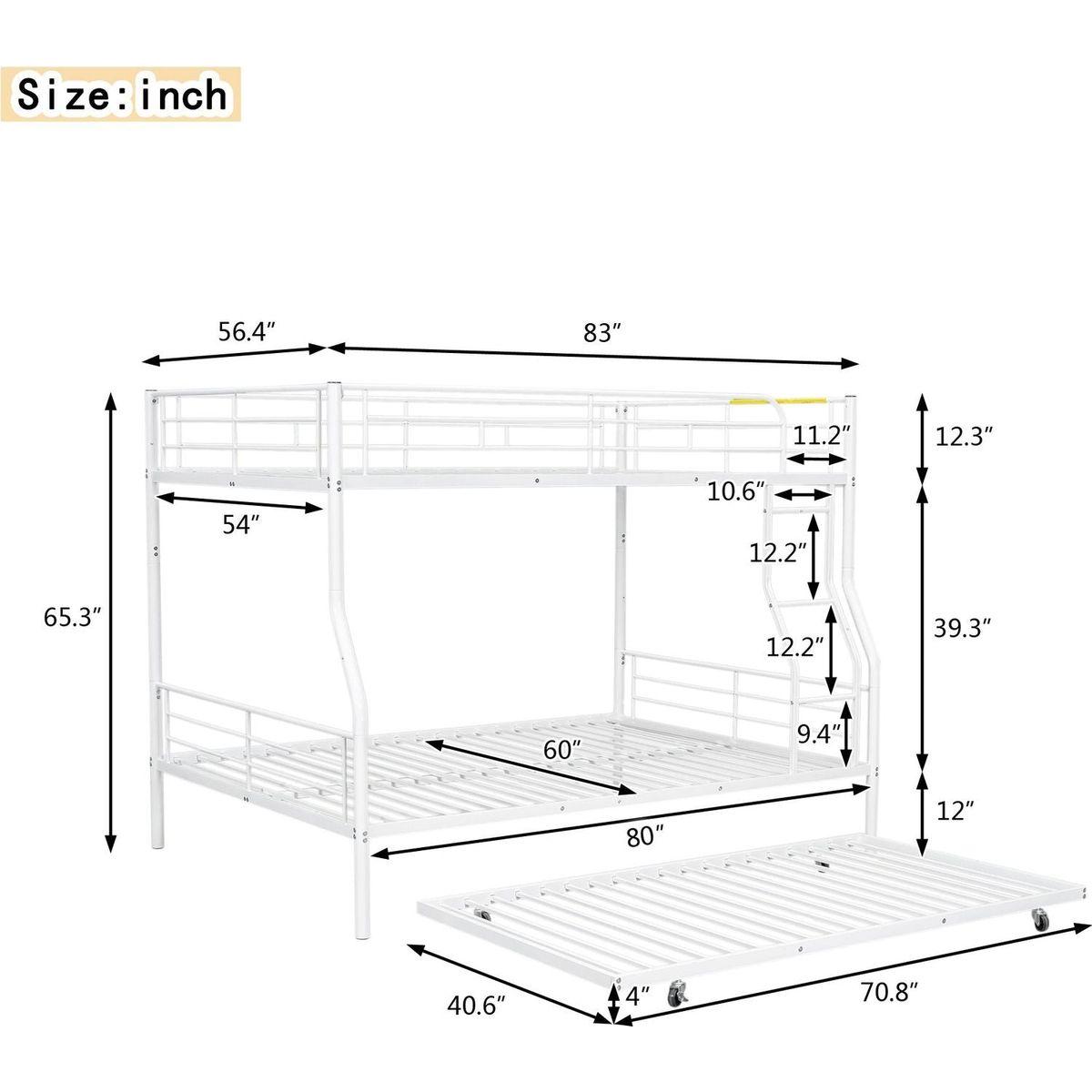 Full XL Over Queen Metal Bunk Bed with Trundle, White