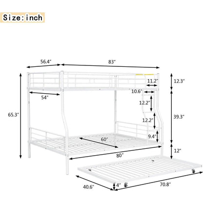 Full XL Over Queen Metal Bunk Bed with Trundle, White