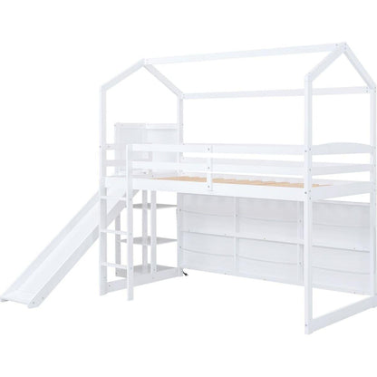 Twin Size Wood House Loft bed with Slide, Storage shelves and Light, White