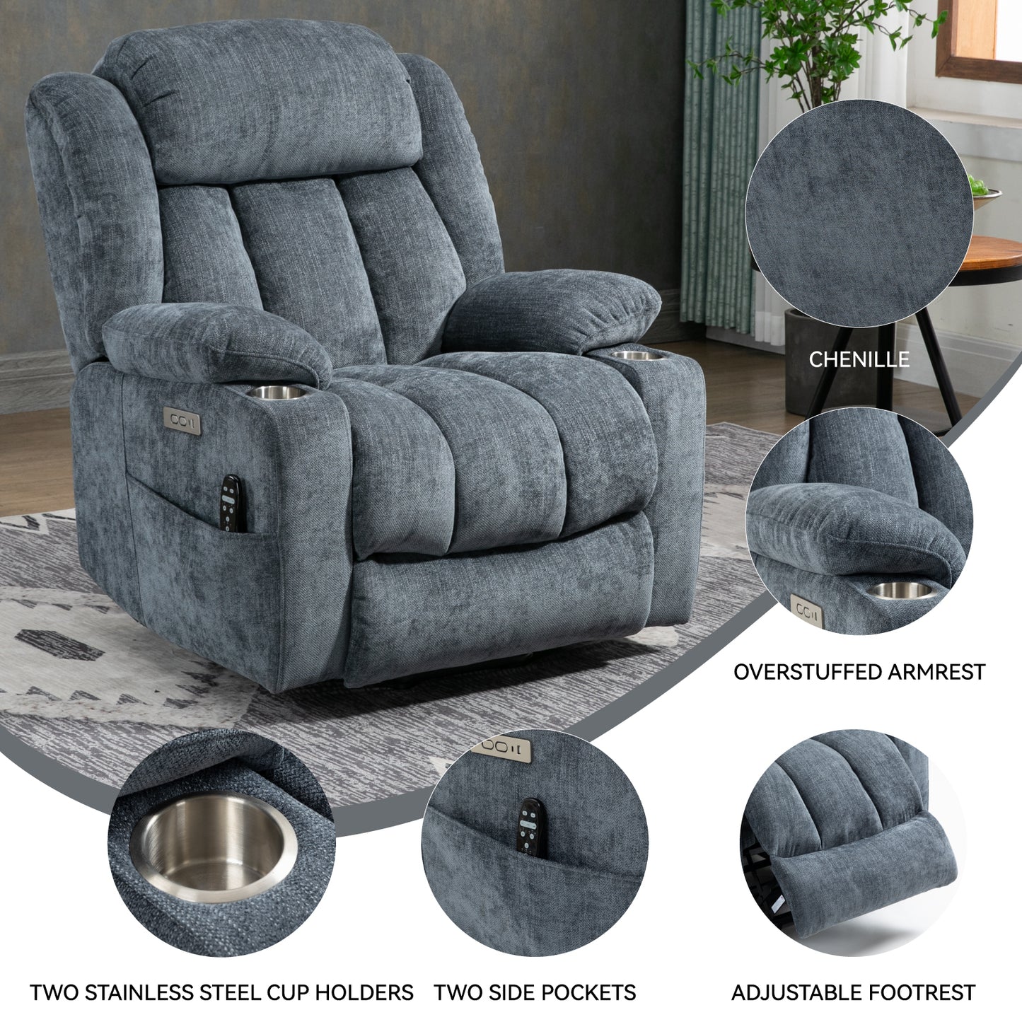 Up to 350 LBS Chenille Power Lift Recliner Chair, Heavy Duty Motion Mechanism with 8-Point Vibration Massage and Lumbar Heating, USB and Type-C Ports, Stainless Steel Cup Holders, Blue