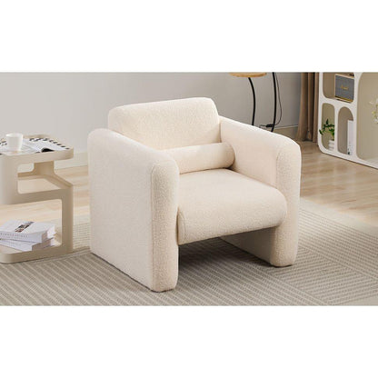 Modern Accent Chair Lambskin Sherpa Fabric Upholstered Comfy Reading Arm Chair Soft Padded Armchair with Back and Pillow for Living Room Bedroom Reception Waiting Room Office, Cream