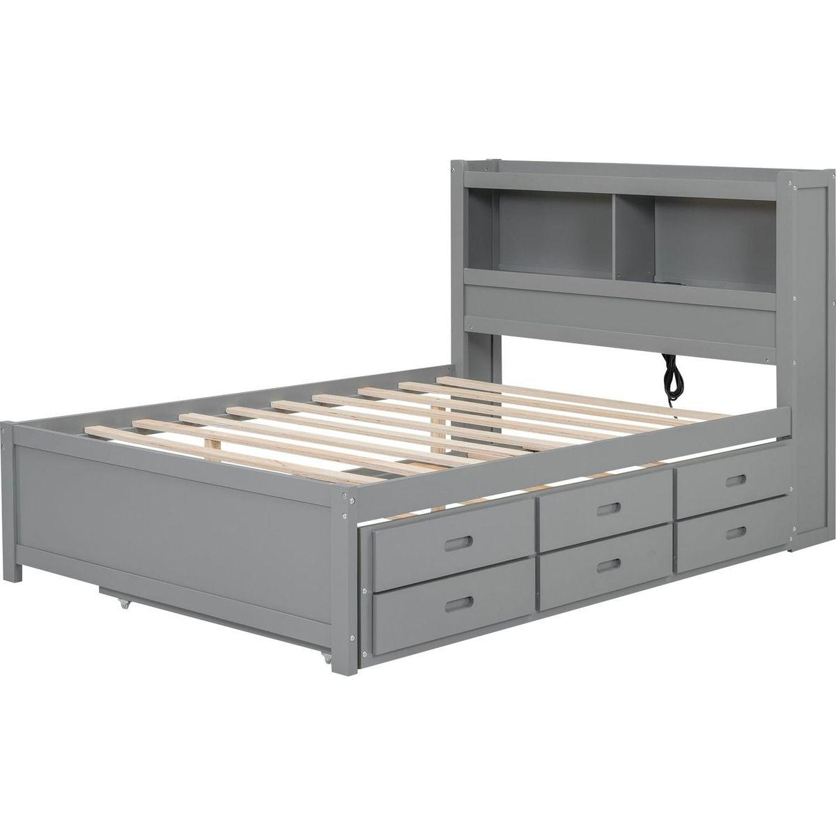 Full Size platform bed with trundle, drawers and USB plugs, Gray