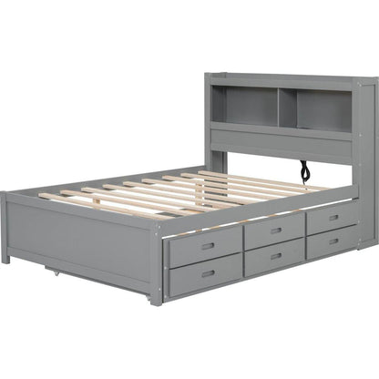 Full Size platform bed with trundle, drawers and USB plugs, Gray