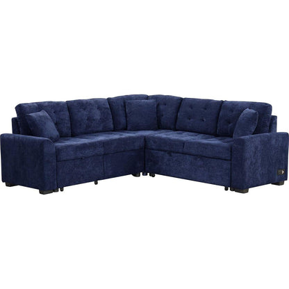 82.6" L-shape Sofa Bed Pull-out Sleeper Sofa with Wheels, USB Ports, Power Sockets for Living Room, Navy Blue