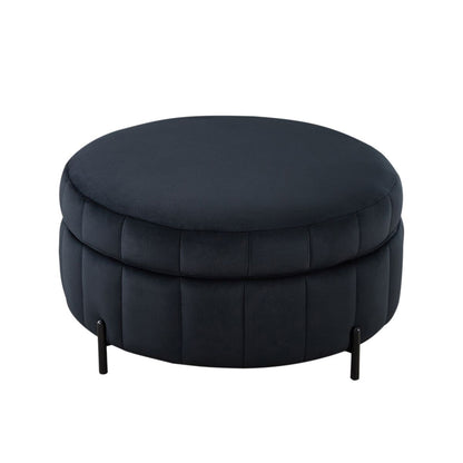 31.5' W Upholstered Round Ottoman With Reversible Lid, Velvet Storage Stool, Channel Tufted Pumpkin-shape Footstool for Living room, Bedroom and Office, Black