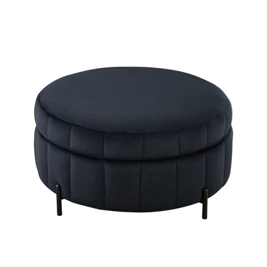 31.5' W Upholstered Round Ottoman With Reversible Lid, Velvet Storage Stool, Channel Tufted Pumpkin-shape Footstool for Living room, Bedroom and Office, Black