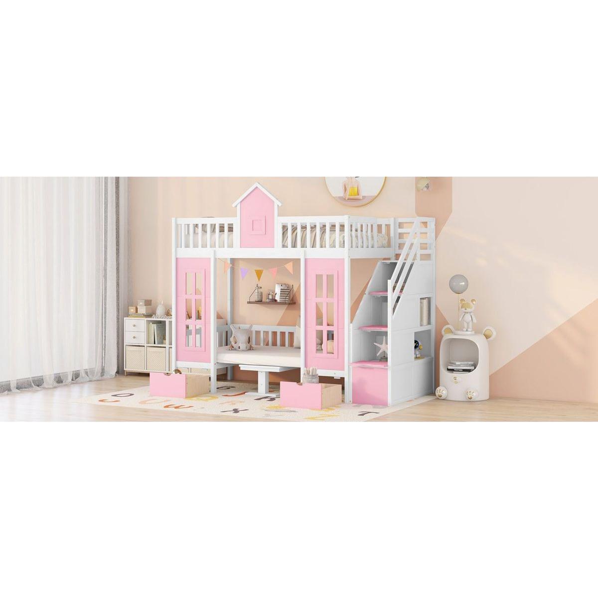 Twin-Over-Twin Bunk Bed with Changeable Table, Bunk Bed Turn into Upper Bed and Down Desk -Pink
