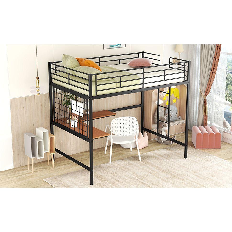 Full Metal Loft Bed with Desk and Metal Grid, Black
