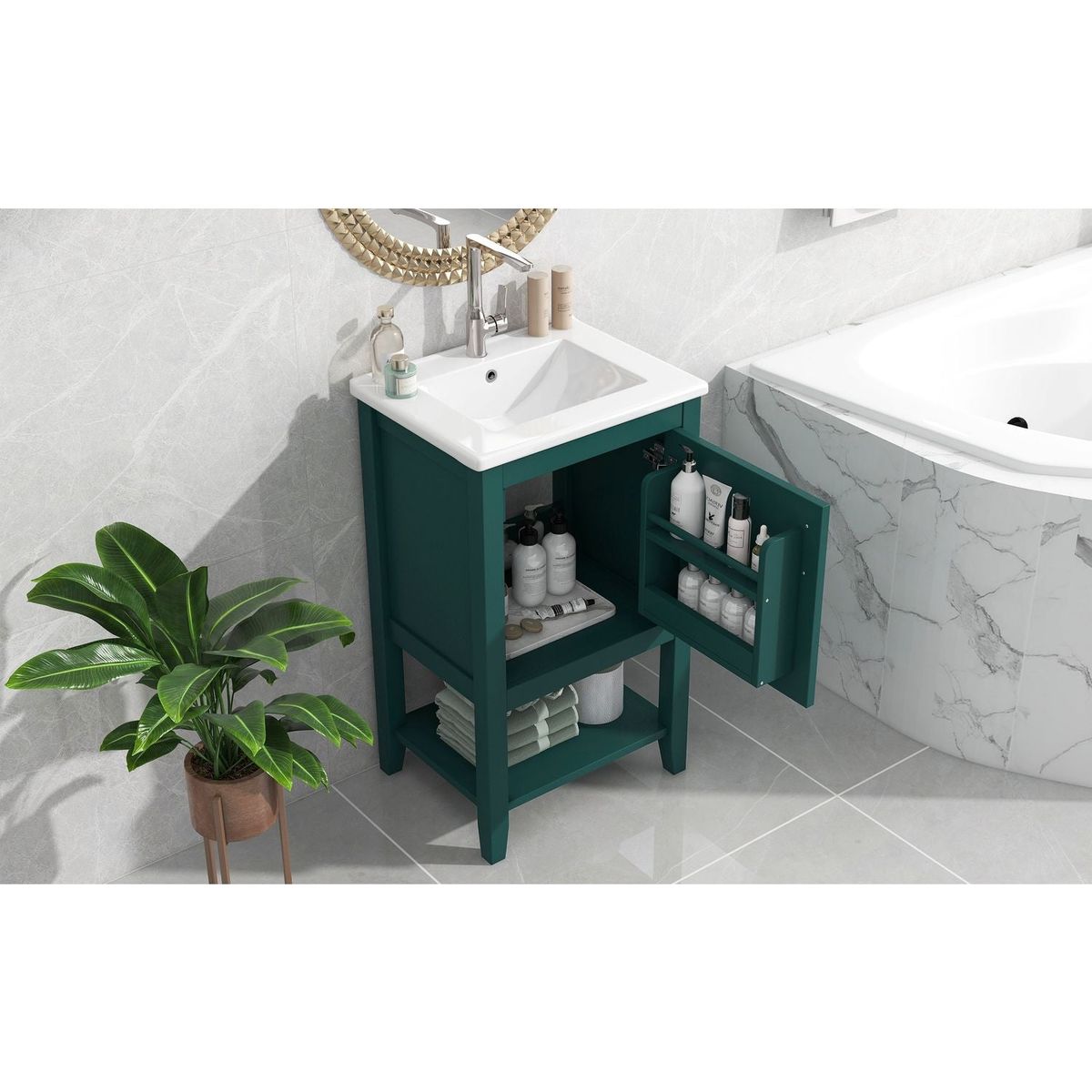 20" Bathroom Vanity with Sink, Bathroom Cabinet with Soft Closing Door, Storage Rack and Open Shelf, Green