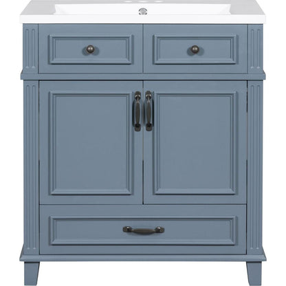 30" Bathroom Vanity with Resin Sink,Solid Wood Frame Bathroom Storage Cabinet with Soft Closing Doors,Retro Style, Blue