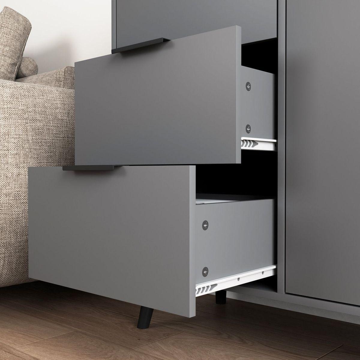 Storage Cabinet with 3 Drawers & Adjustable Shelf, Mid Century Cabinet with Door, Accent Cabinet for Living Room, Home Office, Entryway, Gray