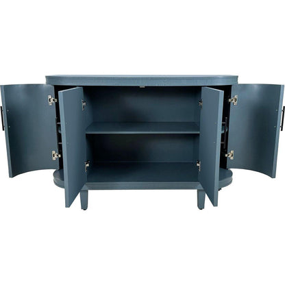 Modern Curved Sideboard 47.2-Inch Decorative Storage Cabinet Wooden Console Table Coffee Bar Cabinet with 4 Doors and Adjustable Interior Shelves for Living Room, Kitchen, Bedroom, Hallway (Blue)