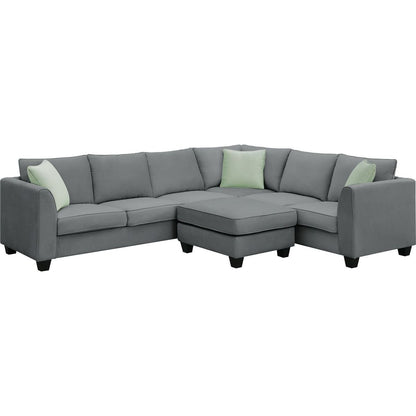 112x87" Sectional Sofa Couches Living Room Sets, 7 Seats Modular Sectional Sofa with Ottoman, L Shape Fabric Sofa Corner Couch Set with 3 Pillows, Grey(New of GS008210AAG)