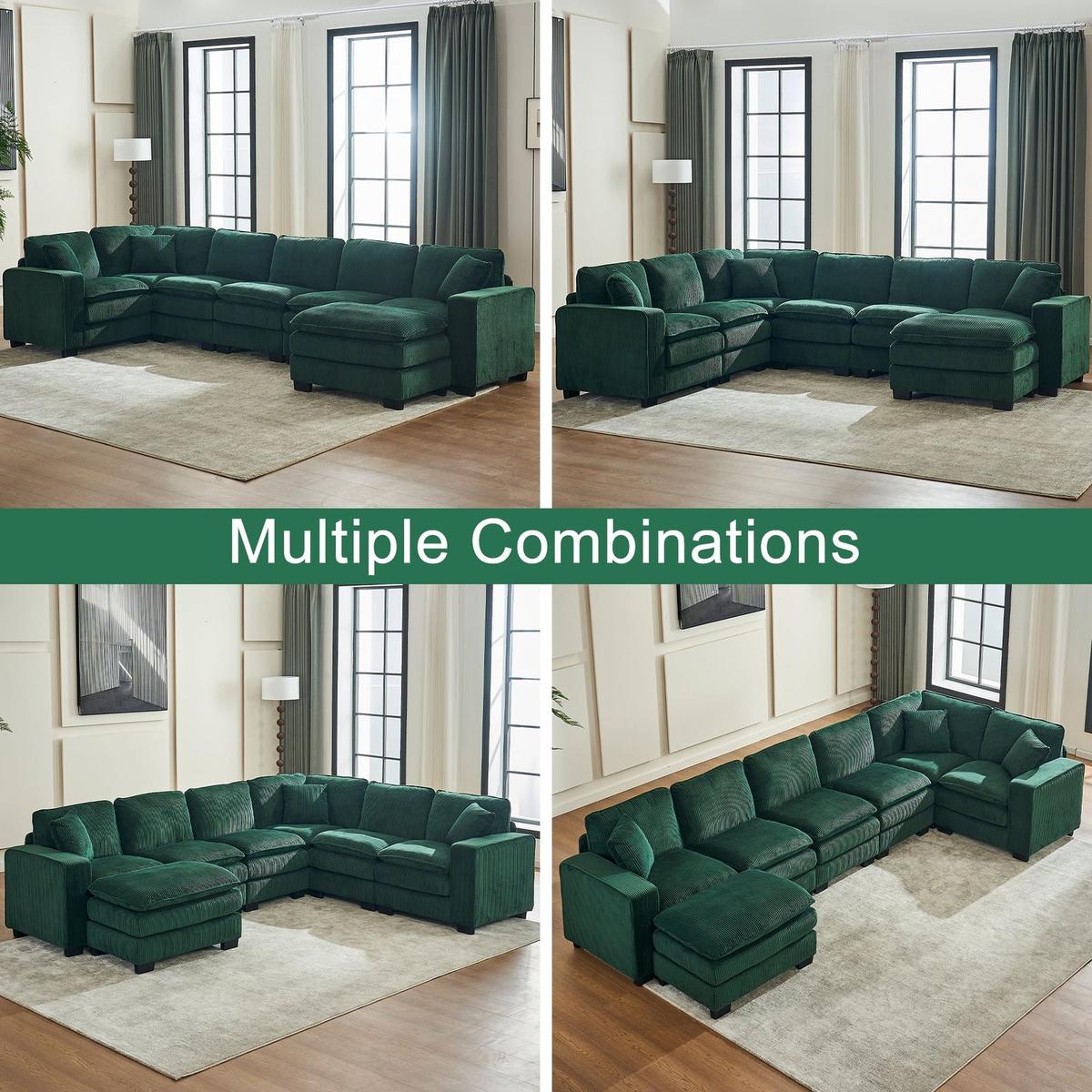 Modern U Shaped 6-seat Sectional Sofa Couch with one Ottoman and three toss pillows, Modular Sofa for Living Room,Corduroy sofa