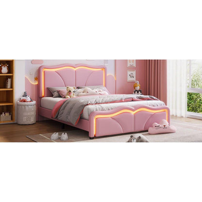 Full Size Upholstered Platform Bed with Curve Shaped and Height-adjustbale Headboard,LED Light Strips,Pink