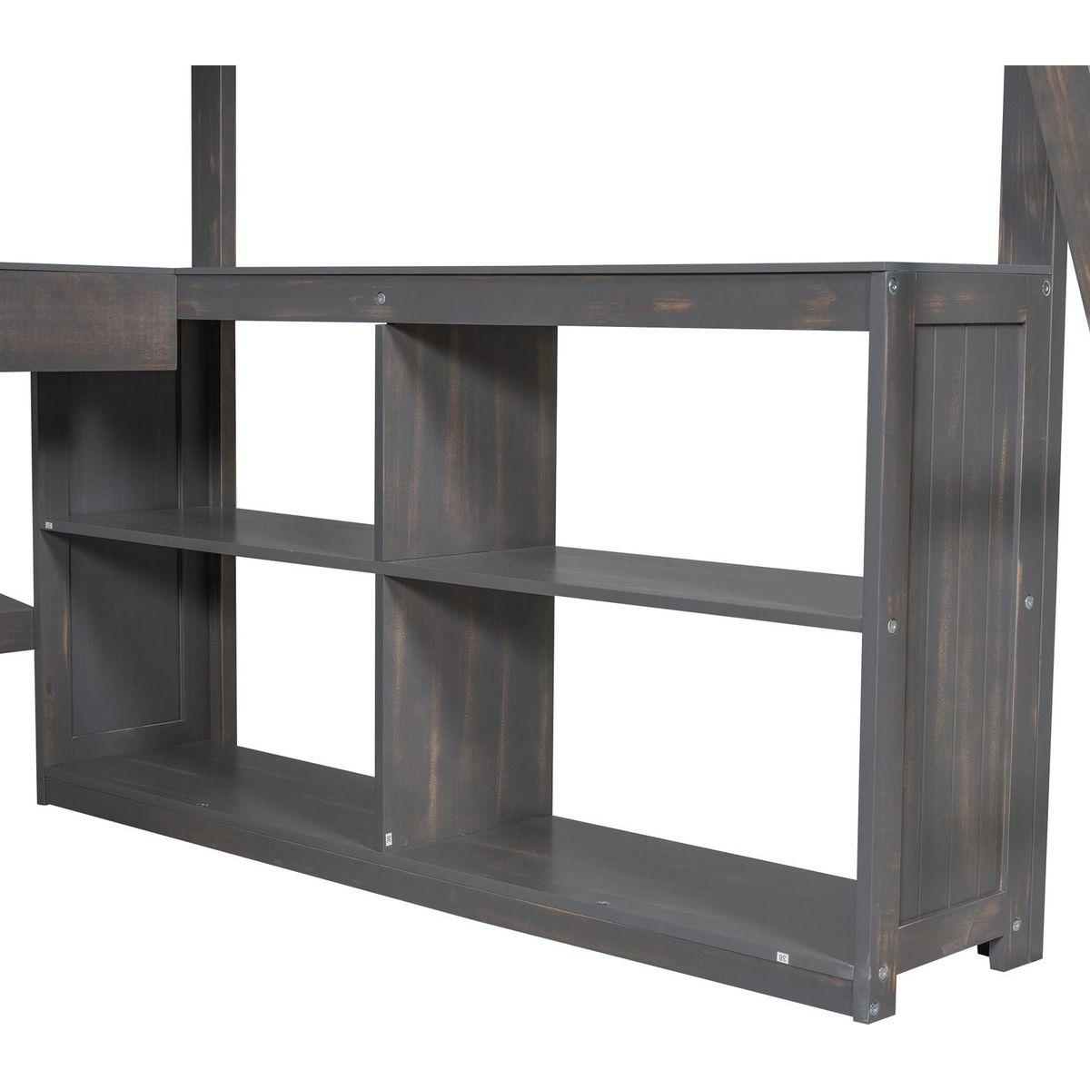 Full Size Loft Bed with U-shaped Desk, Drawers and Storage Shelves, Antique Brown