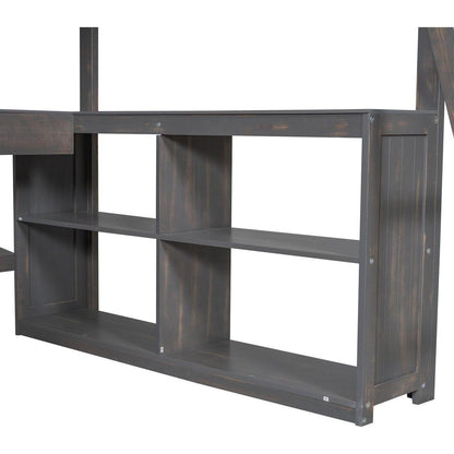 Full Size Loft Bed with U-shaped Desk, Drawers and Storage Shelves, Antique Brown
