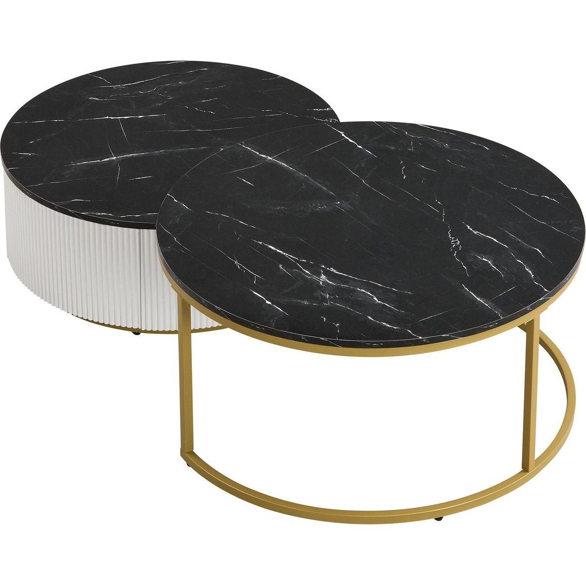 Modern Round Nesting Coffee Table Fluted with Drawer in Black & Gold in 31.5"