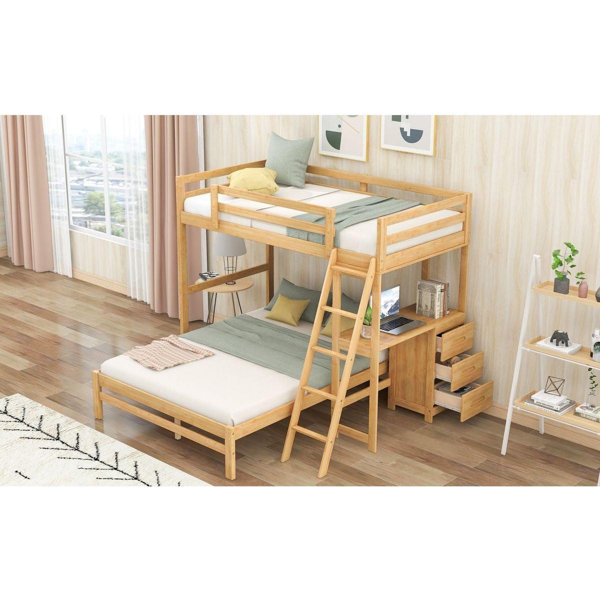 Twin over Full Bunk Bed with Built-in Desk and Three Drawers,Natural