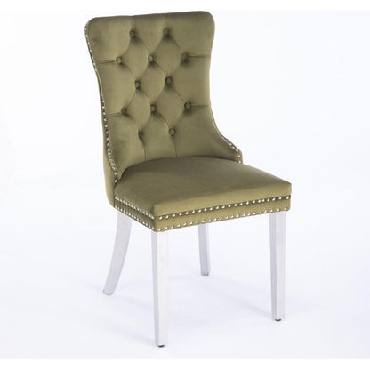 Nikki Collection Modern, High-end Tufted Solid Wood Contemporary Velvet Upholstered Dining Chair with Chrome Stainless Steel Plating Legs,Nailhead Trim,Set of 2,Olive-Green and Chrome